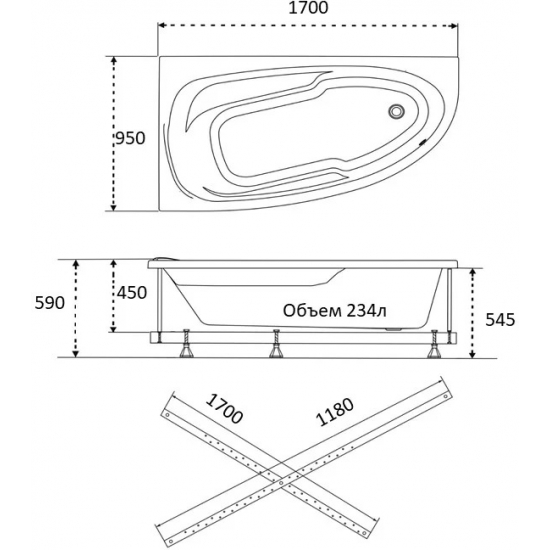 Акриловая ванна 1ACReal Мадрид Щ0000045646 R без опоры 170x95 см, угловая, асимметричная