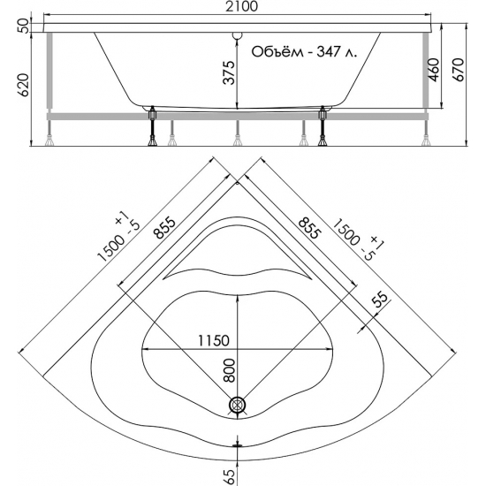 Акриловая ванна 1ACReal ОМР Moscow Щ0000028759 без опоры 150x150 см, угловая, четверть круга