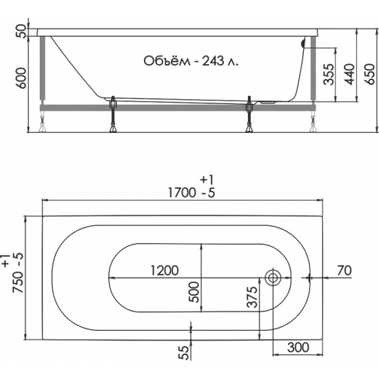 Акриловая ванна 1ACReal ОМР Tokyo Щ0000028760 без опоры 170x75 см