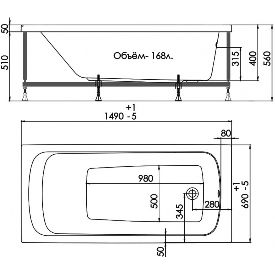 Акриловая ванна 1ACReal Стандарт Гамма Щ0000023533 без опоры 150x70 см