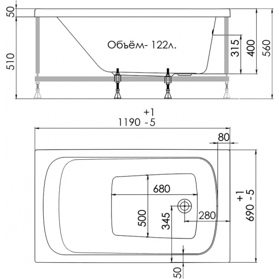 Акриловая ванна 1ACReal Стандарт Гамма Щ0000028714 без опоры 120x70 см
