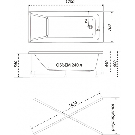 Акриловая ванна 1ACReal Тори 170x70 см, с каркасом, с экраном