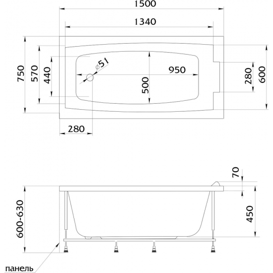 Акриловая ванна 1МАРКА  Aelita 150x75 см, без опоры