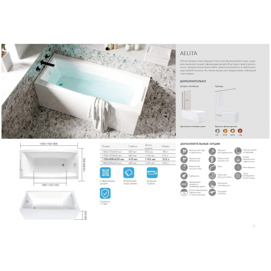 Акриловая ванна 1МАРКА  Aelita 170x75 см, с каркасом