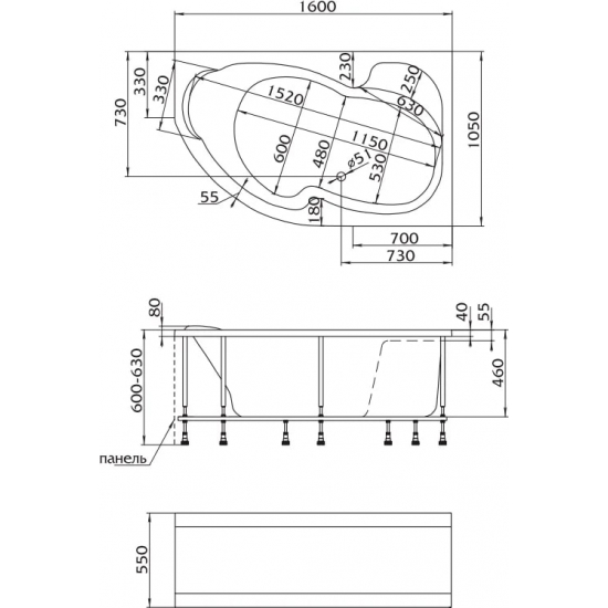Акриловая ванна 1МАРКА  Aura 160x105 L см, без опоры