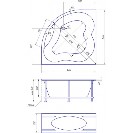 Акриловая ванна 1МАРКА  Cassandra 140x140 см, без опоры угловая, для двоих, четверть круга
