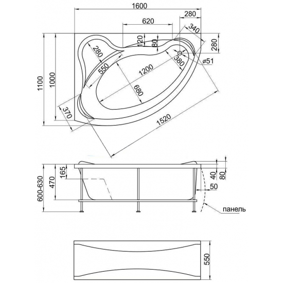 Акриловая ванна 1МАРКА  Catania R 160x110 см, без опоры угловая, асимметричная
