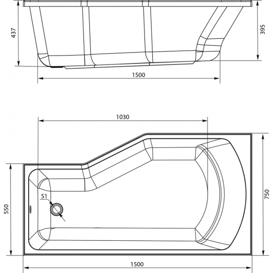 Акриловая ванна 1МАРКА  Convey L 150x75 см, без опоры ассиметричная