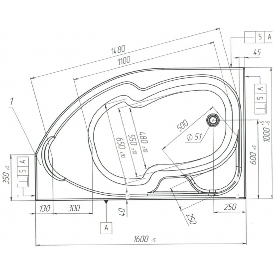 Акриловая ванна 1МАРКА  Diana L 160x100 см, без опоры угловая, асимметричная