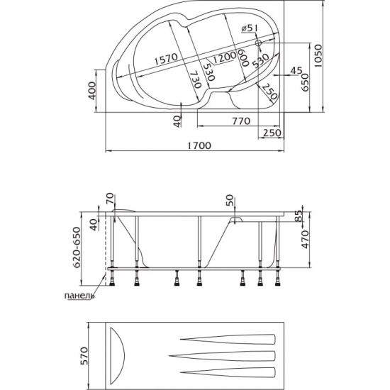 Акриловая ванна 1МАРКА  Diana L 170x105 см, без опоры угловая, асимметричная