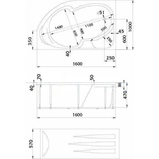 Акриловая ванна 1МАРКА  Diana R 160x100 см, угловая, с каркасом, асимметричная
