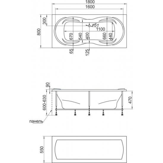 Акриловая ванна 1МАРКА  Dinamika 180x80 см, без опоры