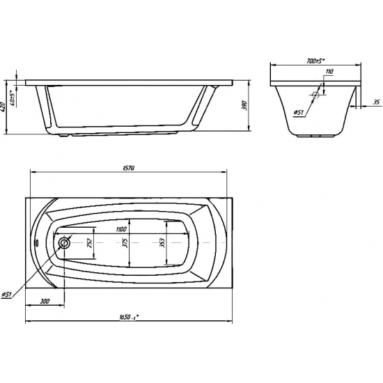 Акриловая ванна 1МАРКА  Elegance 165x70 см, с ножками
