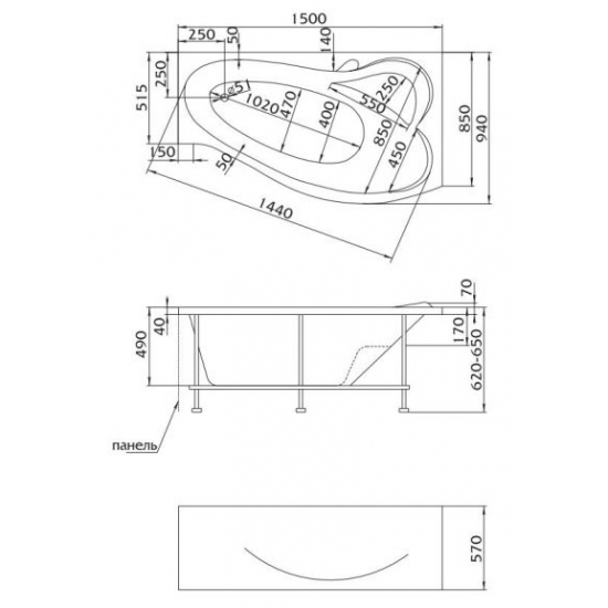 Акриловая ванна 1МАРКА  Gracia L 150x90 см, без опоры угловая, асимметричная