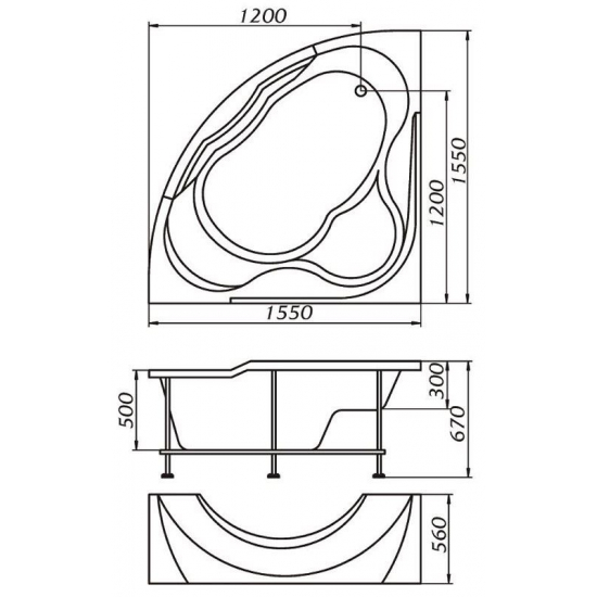 Акриловая ванна 1МАРКА  Grand Luxe 155x155 см, угловая, с каркасом, четверть круга