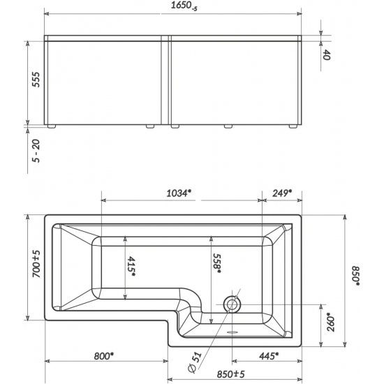 Акриловая ванна 1МАРКА  Linea R 165x85 см, без опоры угловая, асимметричная