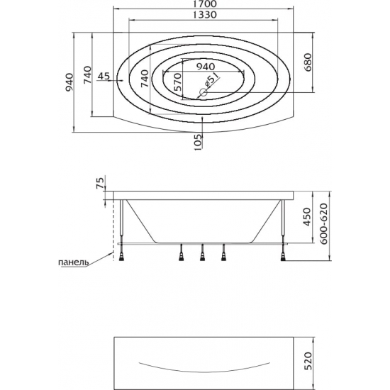Акриловая ванна 1МАРКА  Nega 170x95 см, без опоры