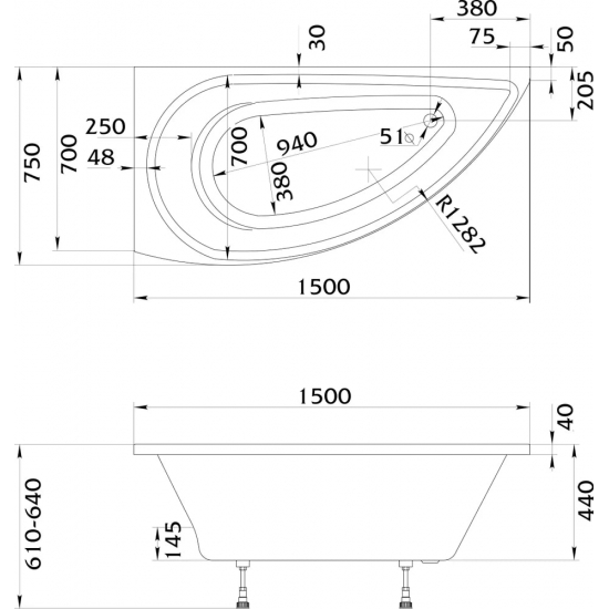Акриловая ванна 1МАРКА  Piccolo L 150x75 см, угловая, с каркасом, асимметричная