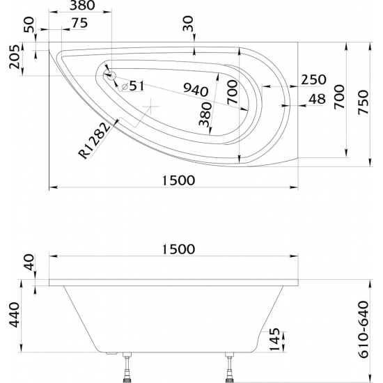 Акриловая ванна 1МАРКА  Piccolo R 150x75 см, угловая, с каркасом, асимметричная