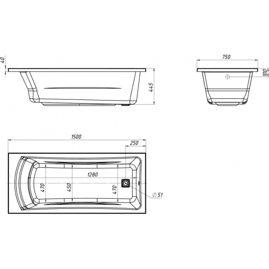 Акриловая ванна 1МАРКА  Prime 150x75 см, с каркасом