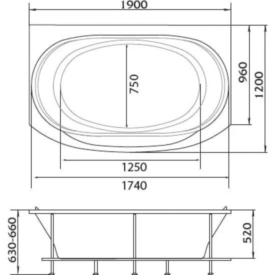 Акриловая ванна 1МАРКА  Sirakusa new 190x120 см, без опоры овальная, для двоих