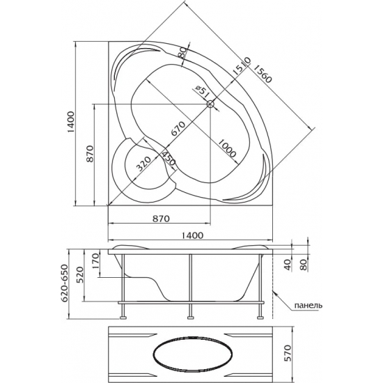Акриловая ванна 1МАРКА  Trapani 140x140 см, угловая, с каркасом, для двоих, четверть круга