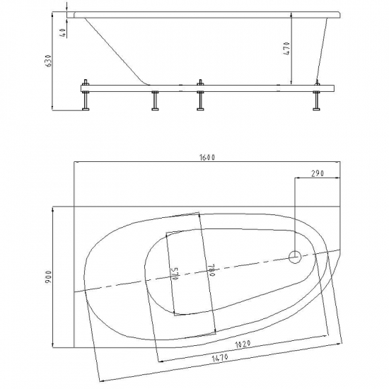 Акриловая ванна АКВАТЕК Дива DIV160-0000001 L без опоры 160x90 см, асимметричная