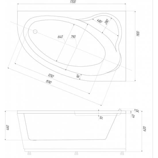 Акриловая ванна АКВАТЕК Фиджи FID170-0000002 R 170x110 см, без опоры
