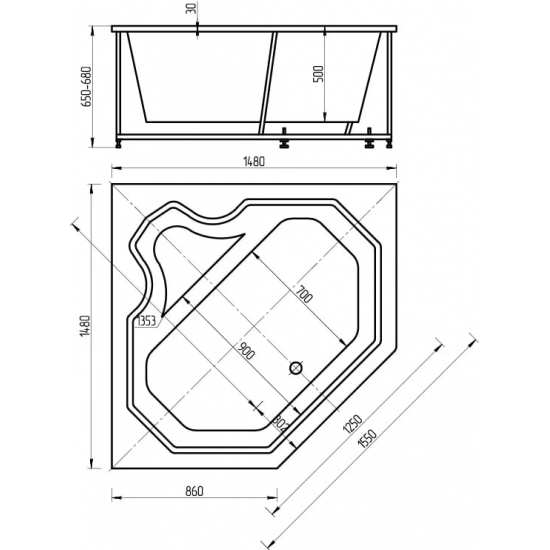 Акриловая ванна АКВАТЕК Лира LIR150-0000032 150x150 с каркасом и фронтальным экраном