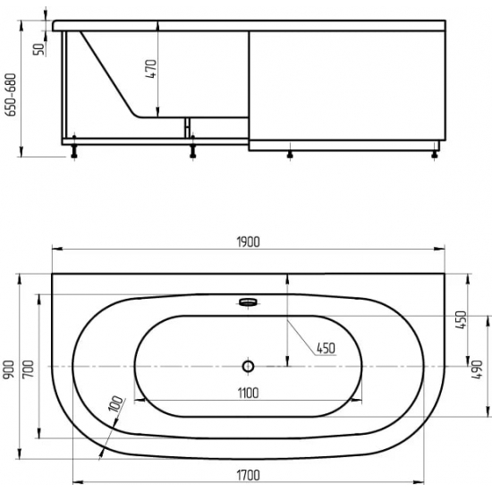 Акриловая ванна АКВАТЕК Морфей MOR190-0000059 190x90 см, с каркасом и фронтальным экраном