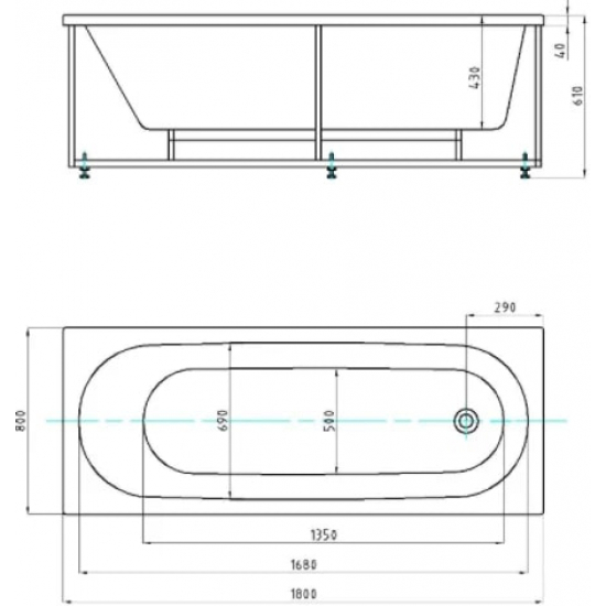 Акриловая ванна АКВАТЕК Оберон OBR180-0000003 180x80 см, с каркасом и фронтальным экраном слив слева