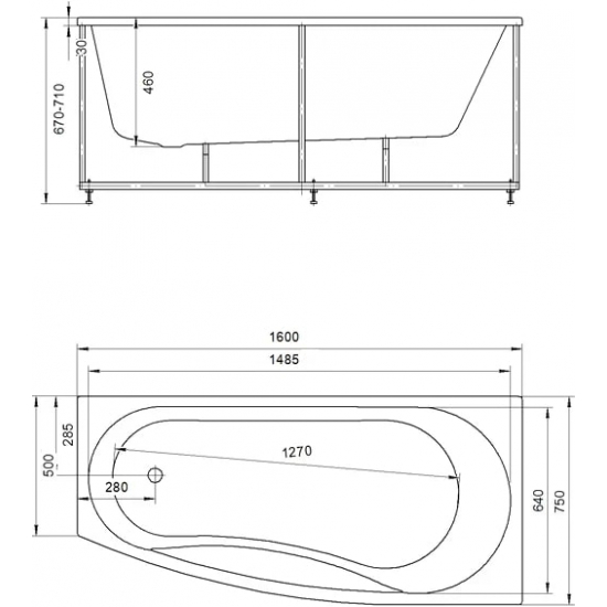 Акриловая ванна АКВАТЕК Пандора PAN160-0000054 R 160x75 см, правая, с каркасом, со сливом-переливом