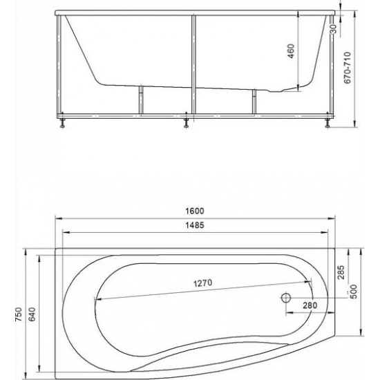Акриловая ванна АКВАТЕК Пандора PAN160-0000078 L 160x75 см, левая, с каркасом, со сливом-переливом