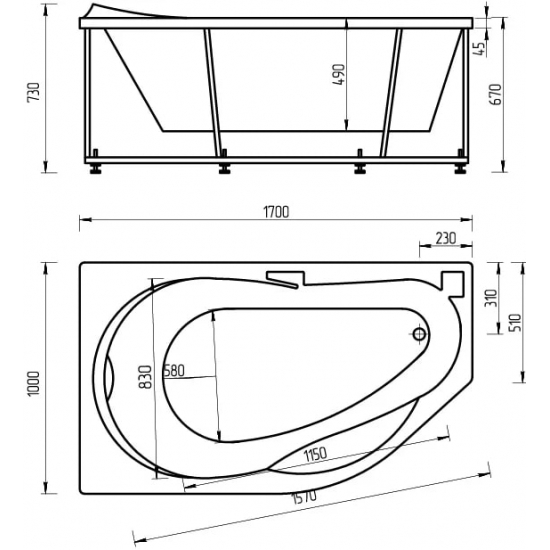 Акриловая ванна АКВАТЕК Таурус TAR170-0000084 L 170x100 см, с каркасом, с фронтальным экраном