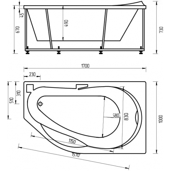 Акриловая ванна АКВАТЕК Таурус TAR170-0000129 R 170x100 см, с каркасом, с фронтальным экраном