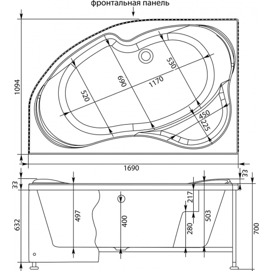 Акриловая ванна AQUANET Capri 00205345 L 170x110 см, угловая, с каркасом, асимметричная
