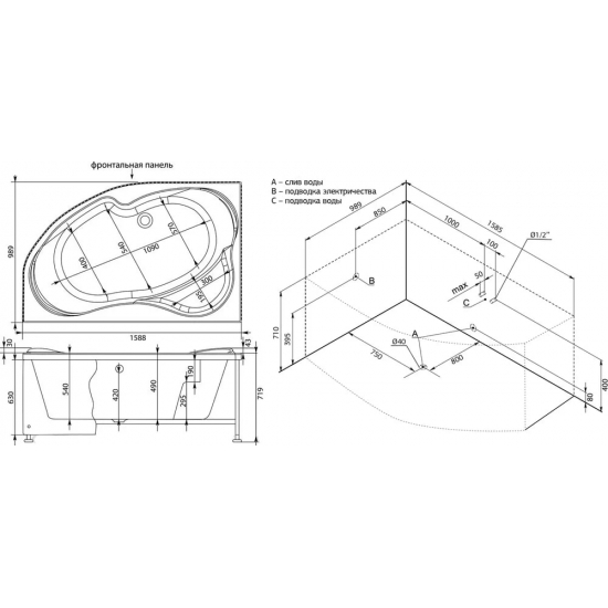 Акриловая ванна AQUANET Capri 00205476 L 160x100 см, угловая, с каркасом, асимметричная