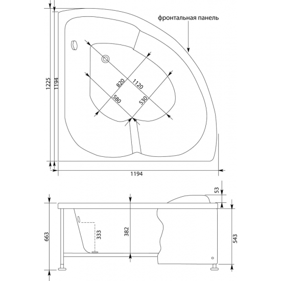 Акриловая ванна AQUANET Fregate 00205488 120x120 см, угловая, с каркасом, четверть круга