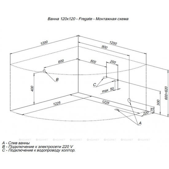 Акриловая ванна AQUANET Fregate 00205488 120x120 см, угловая, с каркасом, четверть круга