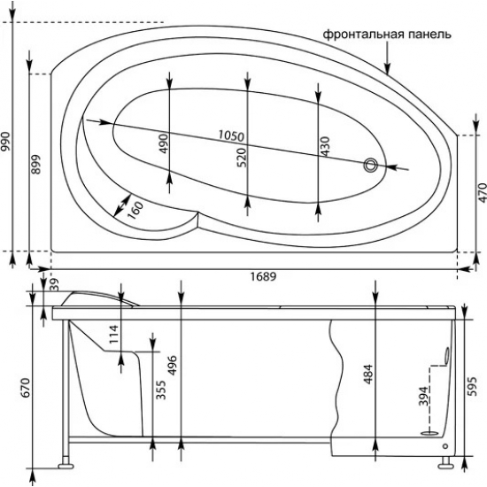 Акриловая ванна AQUANET Jersey 00205329 R 170x100 см, угловая, с каркасом, асимметричная