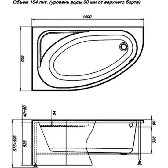 Акриловая ванна AQUANET Mia к/с133 246817 L 140x80 см, угловая, с каркасом, асимметричная