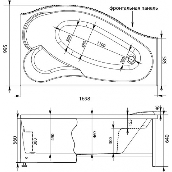 Акриловая ванна AQUANET Palma 00205537 R 170x100 см, угловая, с каркасом, асимметричная