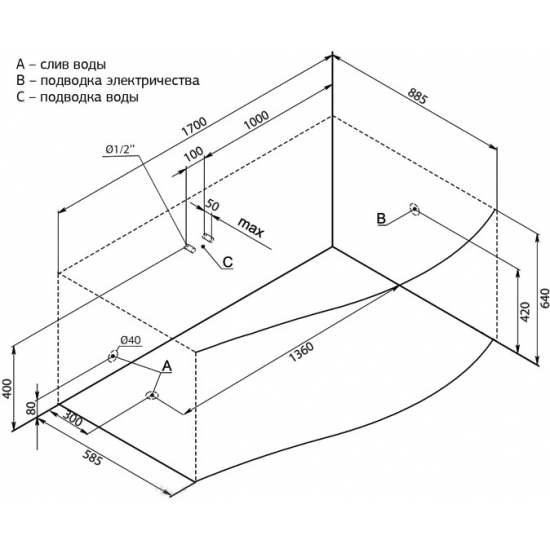 Акриловая ванна AQUANET Palma 00205537 R 170x100 см, угловая, с каркасом, асимметричная