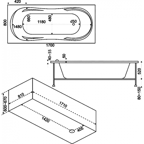 Акриловая ванна BAS Ахин 170x80 см, с каркасом