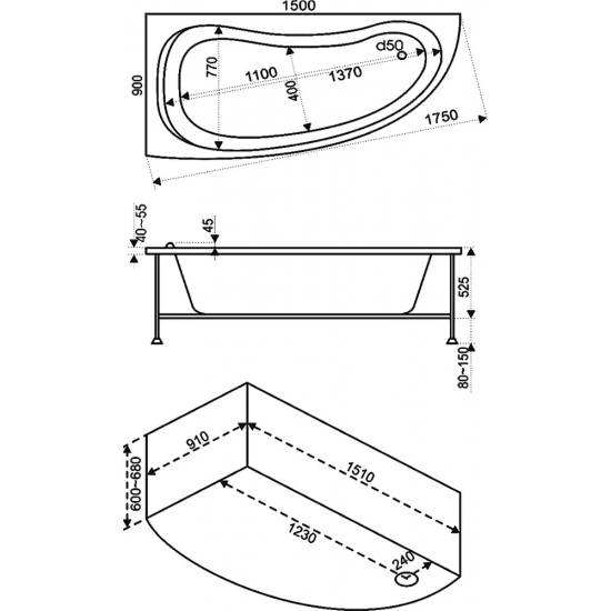 Акриловая ванна BAS Алегра L 150x90 см, угловая, с каркасом, асимметричная