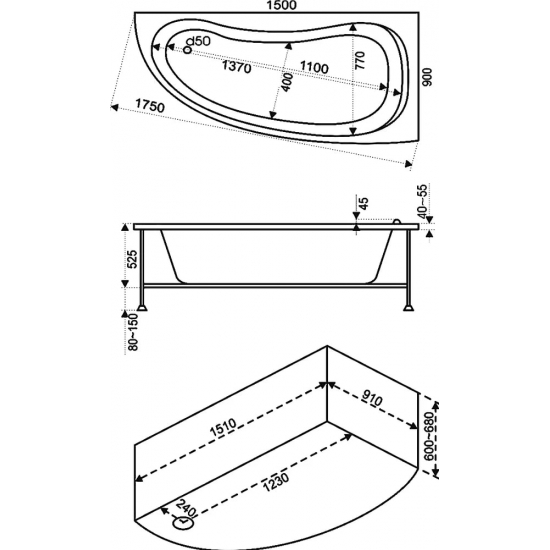 Акриловая ванна BAS Алегра R 150x90 см, угловая, с каркасом, асимметричная