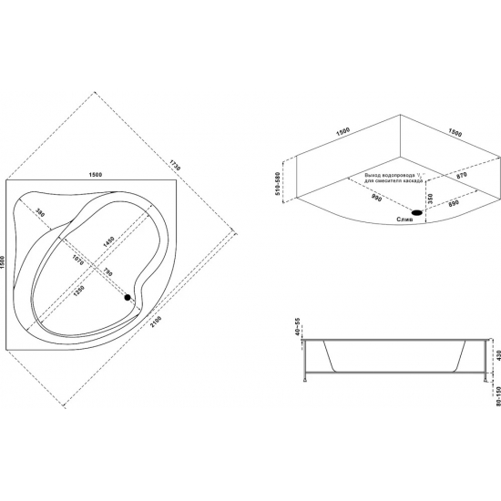 Акриловая ванна BAS Аура В 00004 150x150 см, угловая, с каркасом, четверть круга