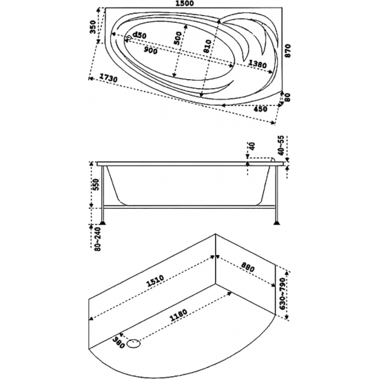 Акриловая ванна BAS Фэнтази 150х90 R правая с каркасом