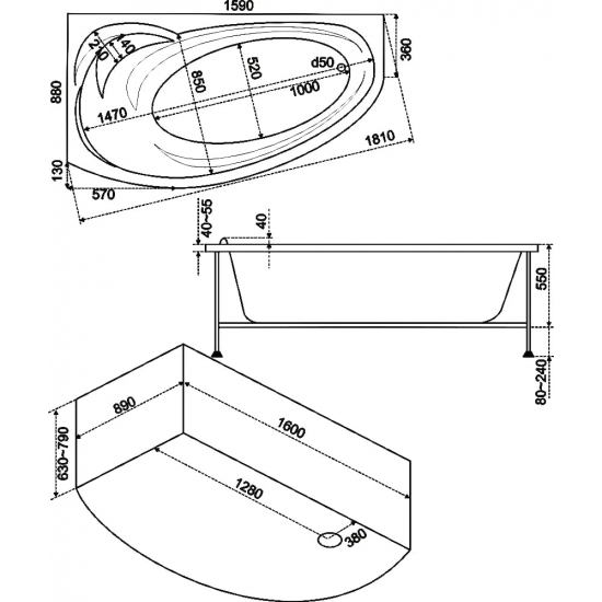 Акриловая ванна BAS Флорида L 160x100 см, угловая, с каркасом, асимметричная