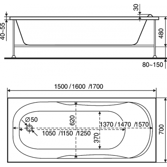 Акриловая ванна BAS Ибица стандарт 150х70 см, с ножками